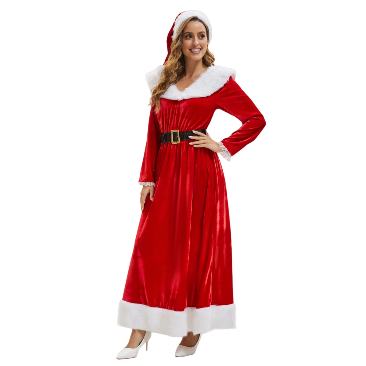 Robe Mère Noël Vintage Manches Longues avec Bonnet