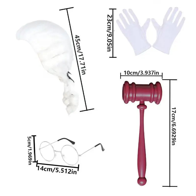 Kit Accessoires de Juge – Perruque, Marteau et Gants