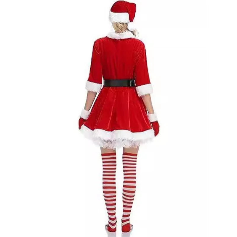 Robe Mère Noël en Velours avec Chaussettes Rayées et Bonnet de Lutin