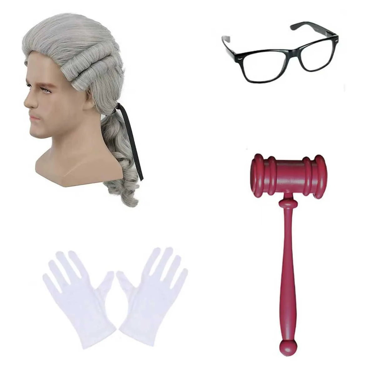Kit Accessoires de Juge – Perruque, Marteau et Gants