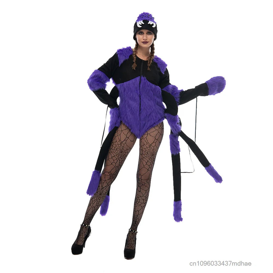 Déguisement Araignée Gothique Femme – Body Violet Duveteux avec Chapeau