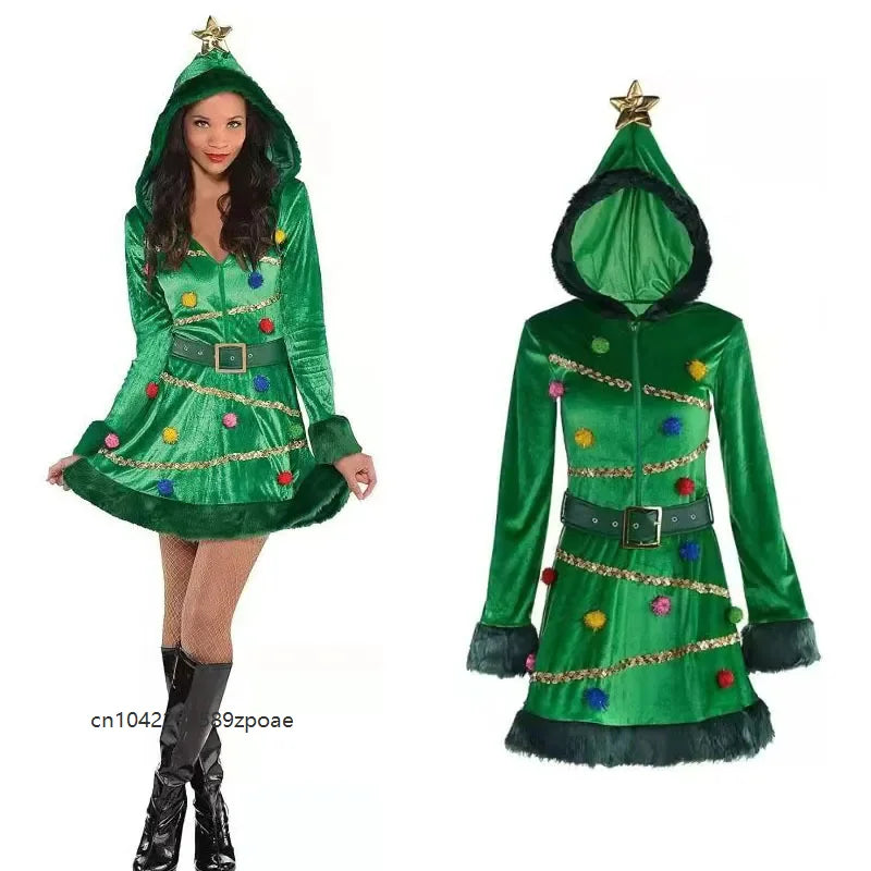 Robe Mère Noël Sapin à Sequins avec Capuche