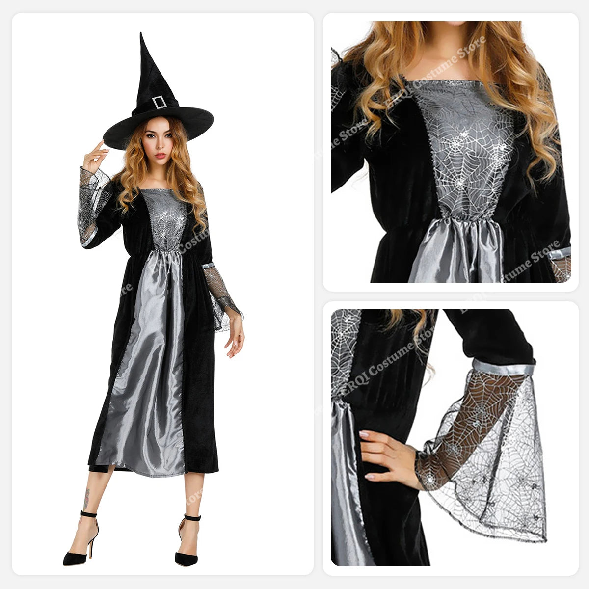 Robe de Sorcière Femme à Manches en Dentelle Araignée avec Chapeau – vue 2
