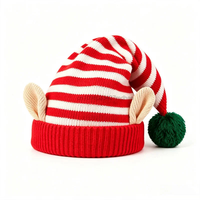 Bonnet de Lutin de Noël Tricoté avec Oreilles – 3 Coloris