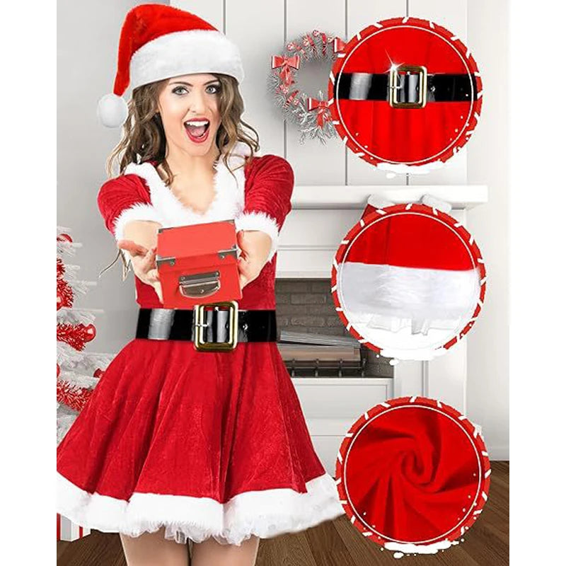 Robe Mère Noël en Velours avec Chaussettes Rayées et Bonnet de Lutin