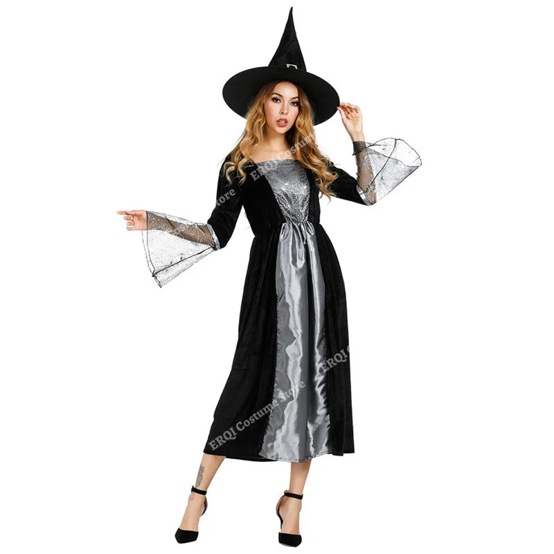 Robe de Sorcière Violette à Manches en Dentelle avec Chapeau