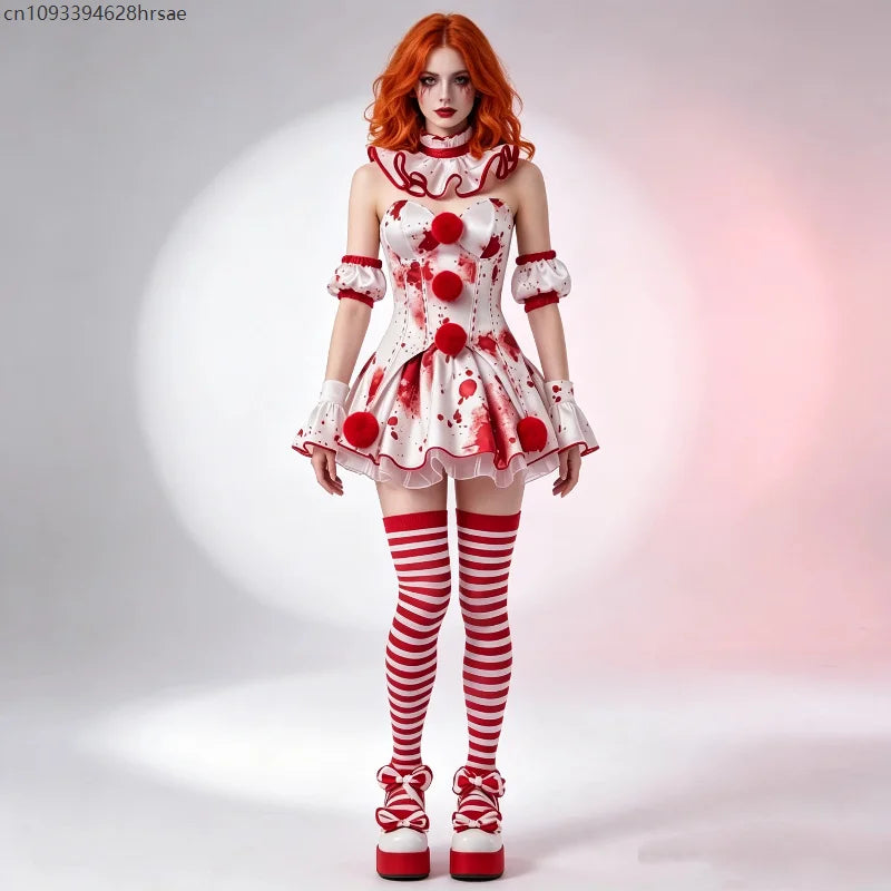 Déguisement Clown Sanglant Femme – Robe Rouge et Blanche avec Bas
