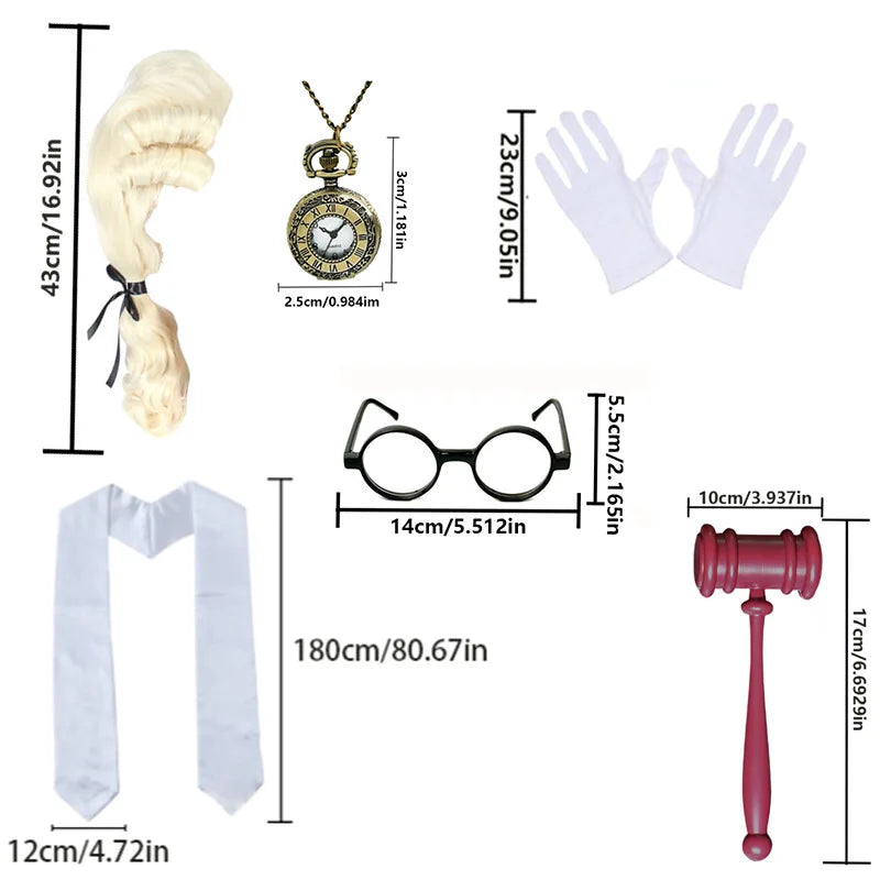 Kit Accessoires de Juge – Perruque, Marteau et Gants