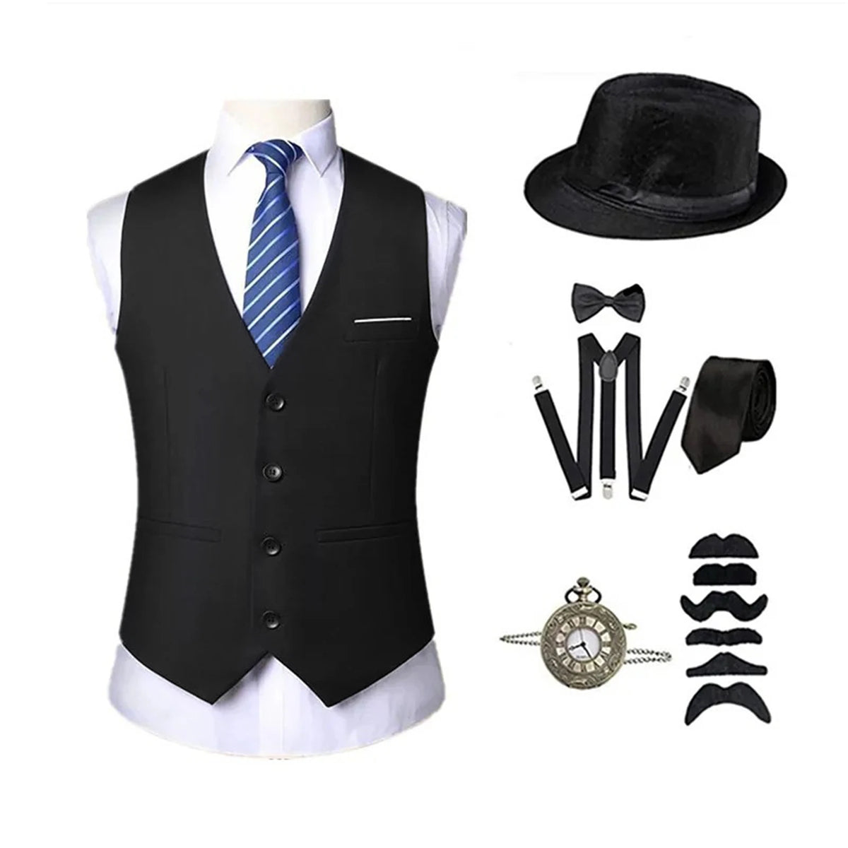 Costume Rétro Années 20 Homme – Gilet, Chapeau, Cravate et Montre