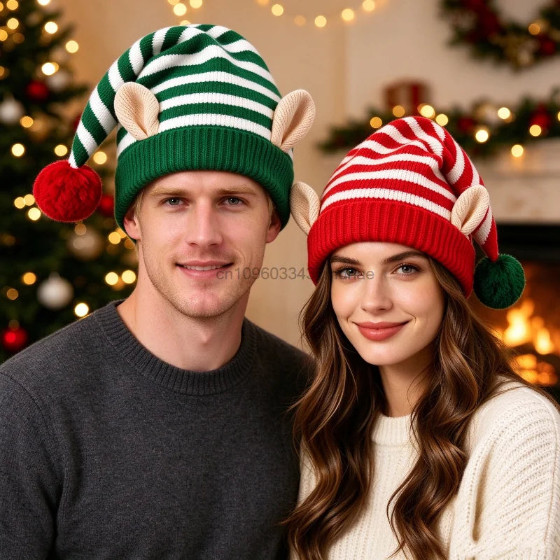 Bonnet de Lutin de Noël Tricoté avec Oreilles – 3 Coloris