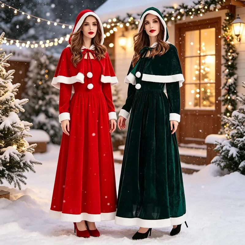 Robe Longue de Noël à Capuche Femme – Rouge ou Verte – vue 2