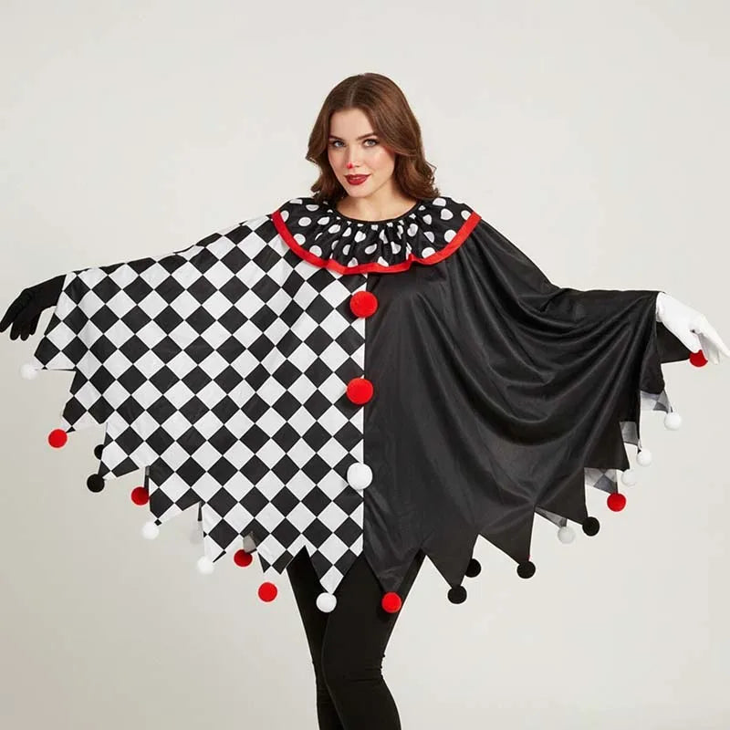 Déguisement Clown Adulte – Cape à Damier Noir et Blanc avec Gants