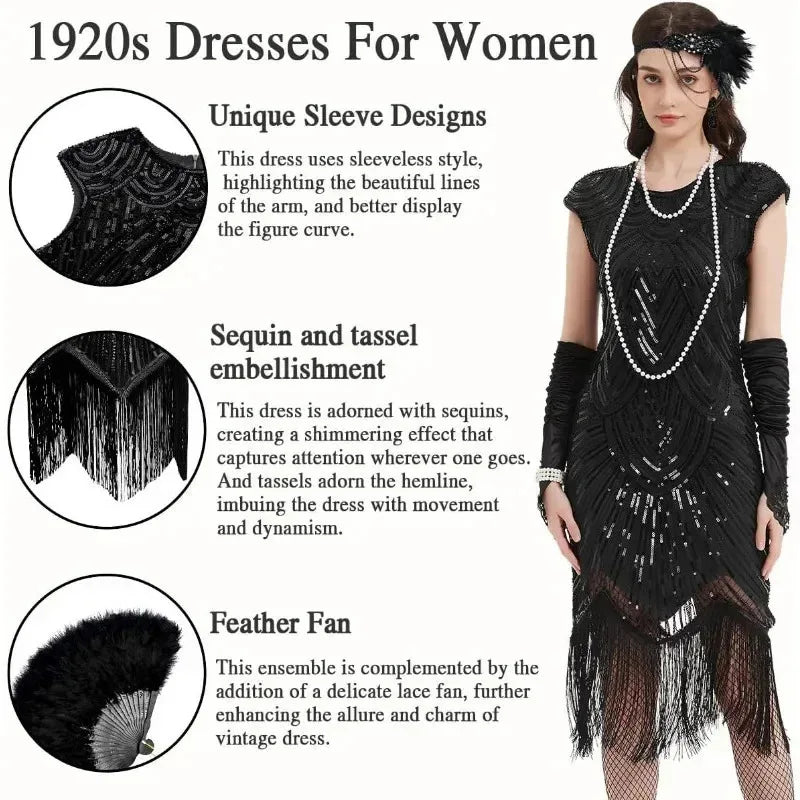 Robe Charleston Années 20 à Franges et Sequins avec Bandeau Plume – vue 5