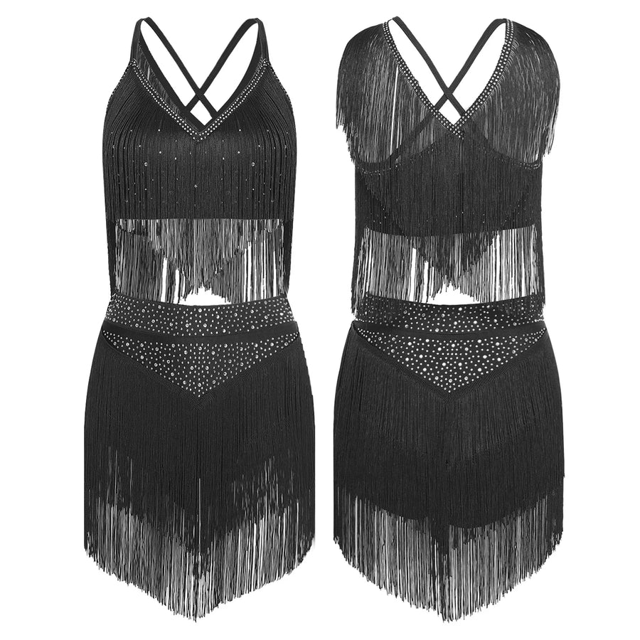 Costume de Danse Samba Latine Femme - Haut à Franges et Jupe à Pompons – vue 9