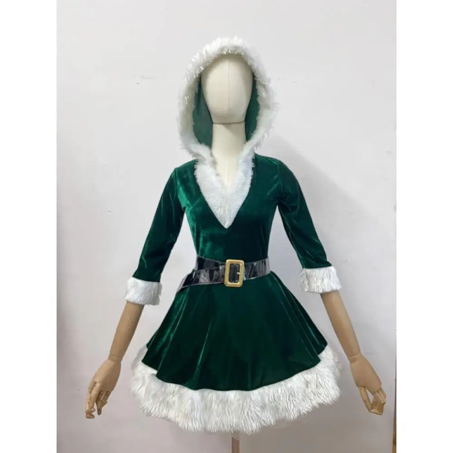Mini-Robe Mère Noël en Velours à Capuche – vue 6