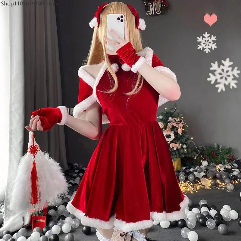 Robe Mère Noël Dos Nu en Velours avec Châle et Gants