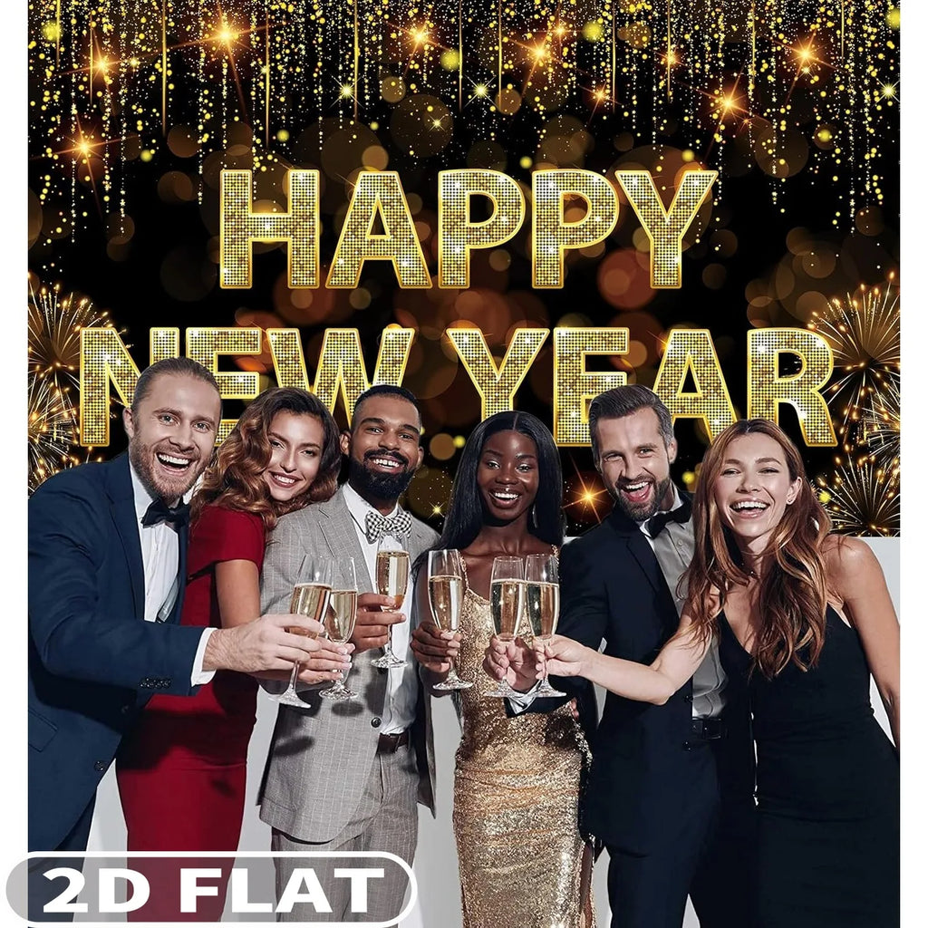 Fond Photo Bonne Année 2026 – Noir et Or, 110 × 180 cm