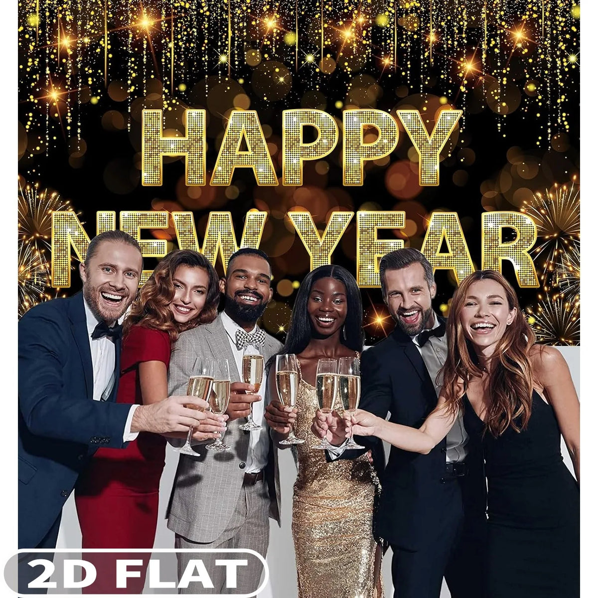 Fond Photo Bonne Année 2026 – Noir et Or, 110 × 180 cm
