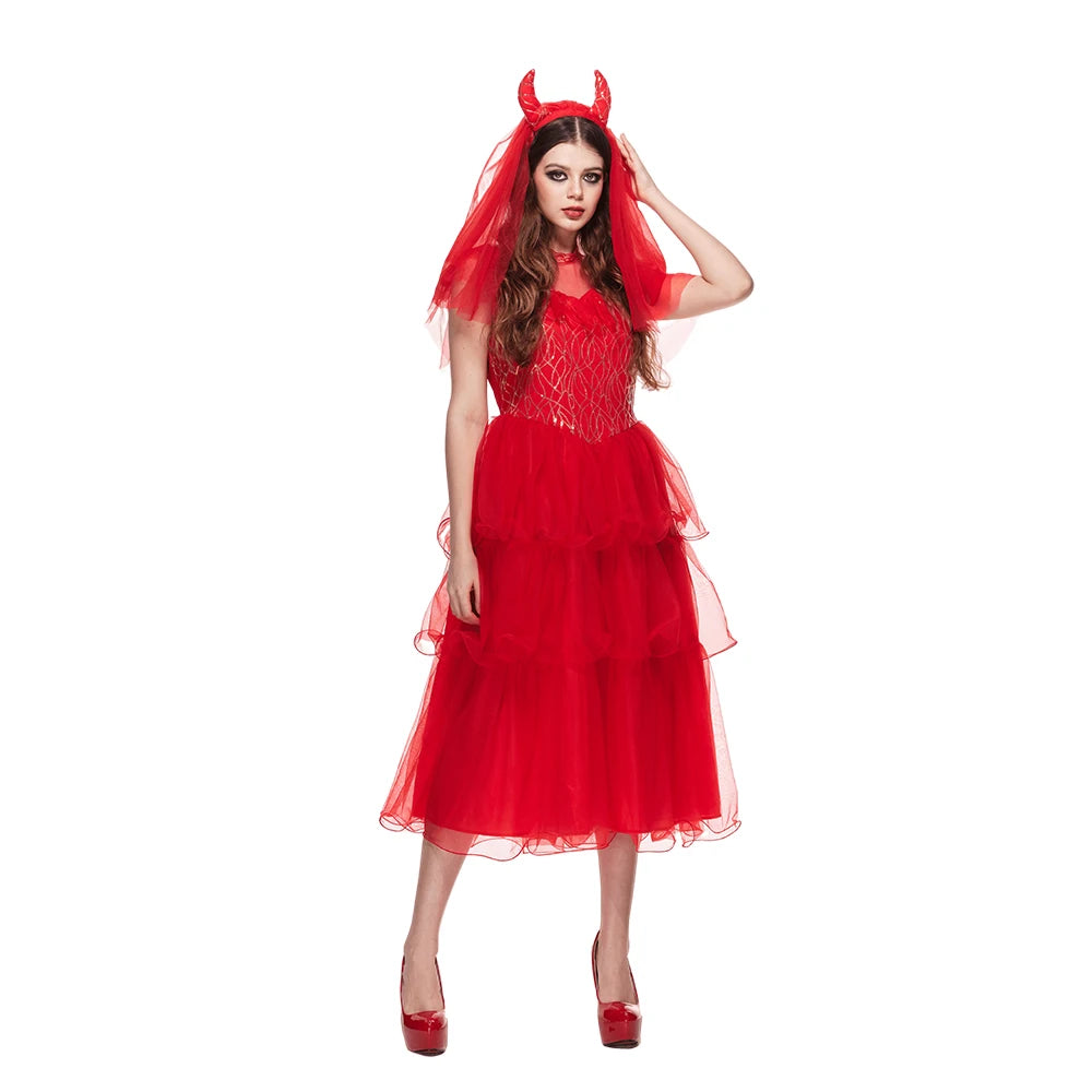 Déguisement Mariée Diablesse Rouge avec Voile à Cornes