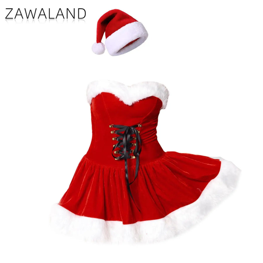 Mini-Robe Bustier Mère Noël Sexy en Velours avec Bonnet – vue 4