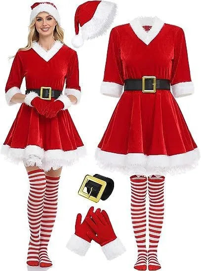 Robe Mère Noël en Velours avec Chaussettes Rayées et Bonnet de Lutin