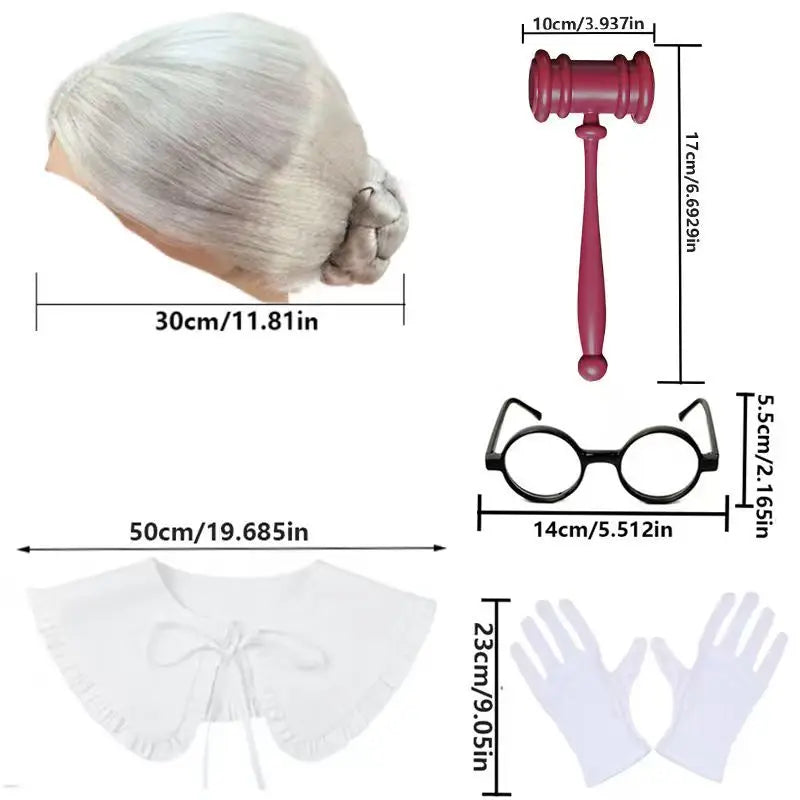 Kit Accessoires de Juge – Perruque, Marteau et Gants