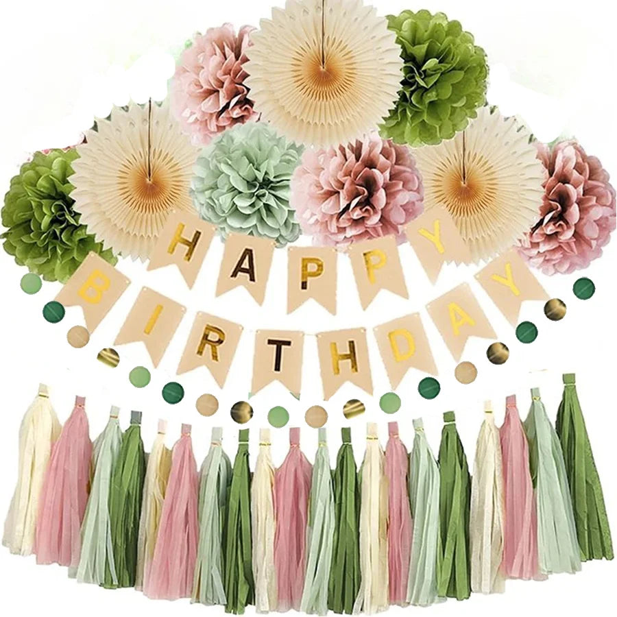 Pompons Éventails Papier Vert Olive et Rose Poudré