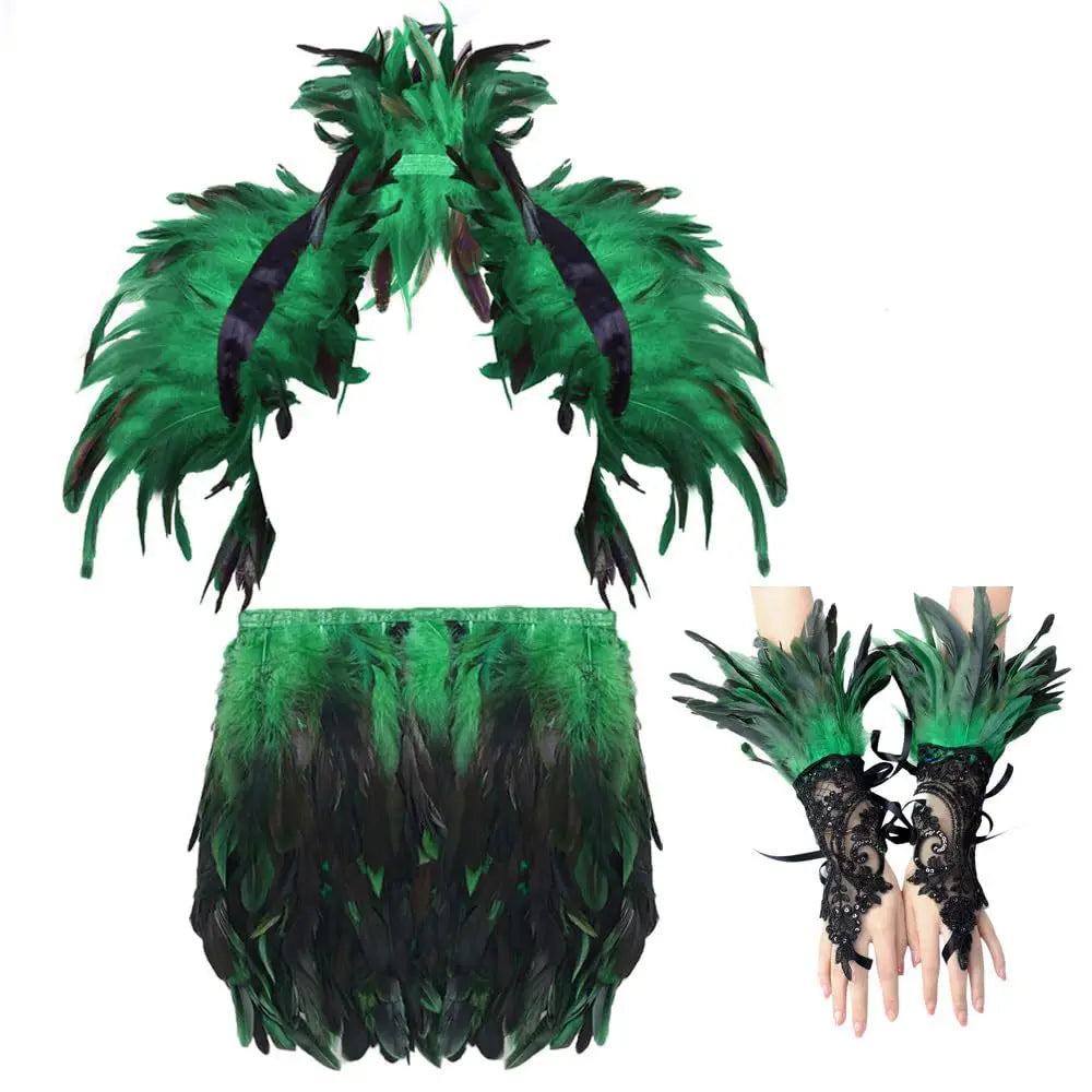 Costume Femme à Plumes – Ensemble Robe, Châle et Gants