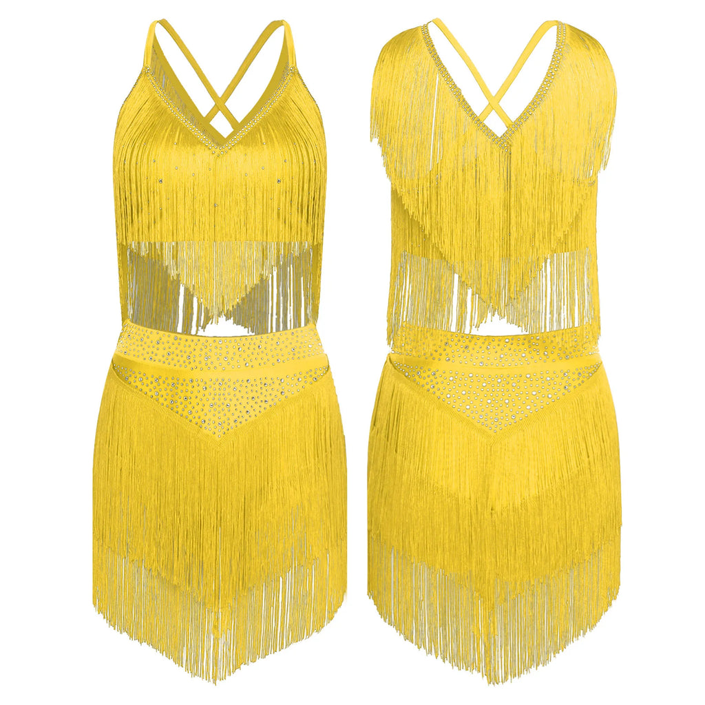 Costume de Danse Samba Latine Femme - Haut à Franges et Jupe à Pompons – vue 12