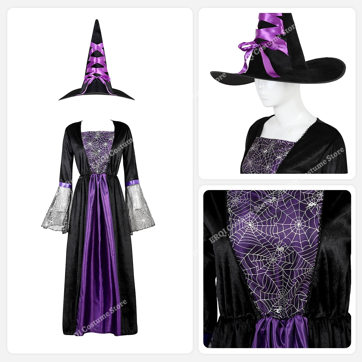 Robe de Sorcière Violette à Manches en Dentelle avec Chapeau