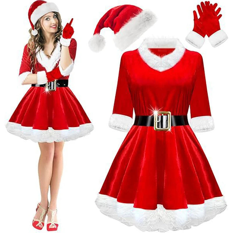 Robe Mère Noël en Velours avec Chaussettes Rayées et Bonnet de Lutin