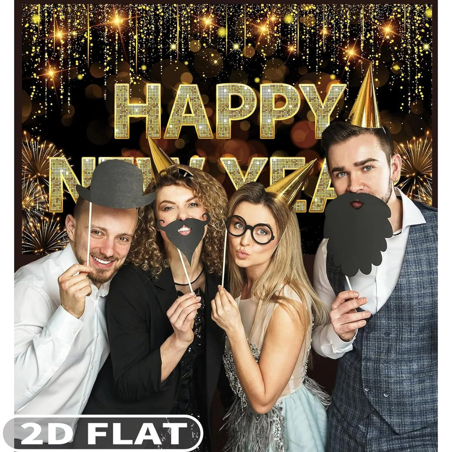 Fond Photo Bonne Année 2026 – Noir et Or, 110 × 180 cm