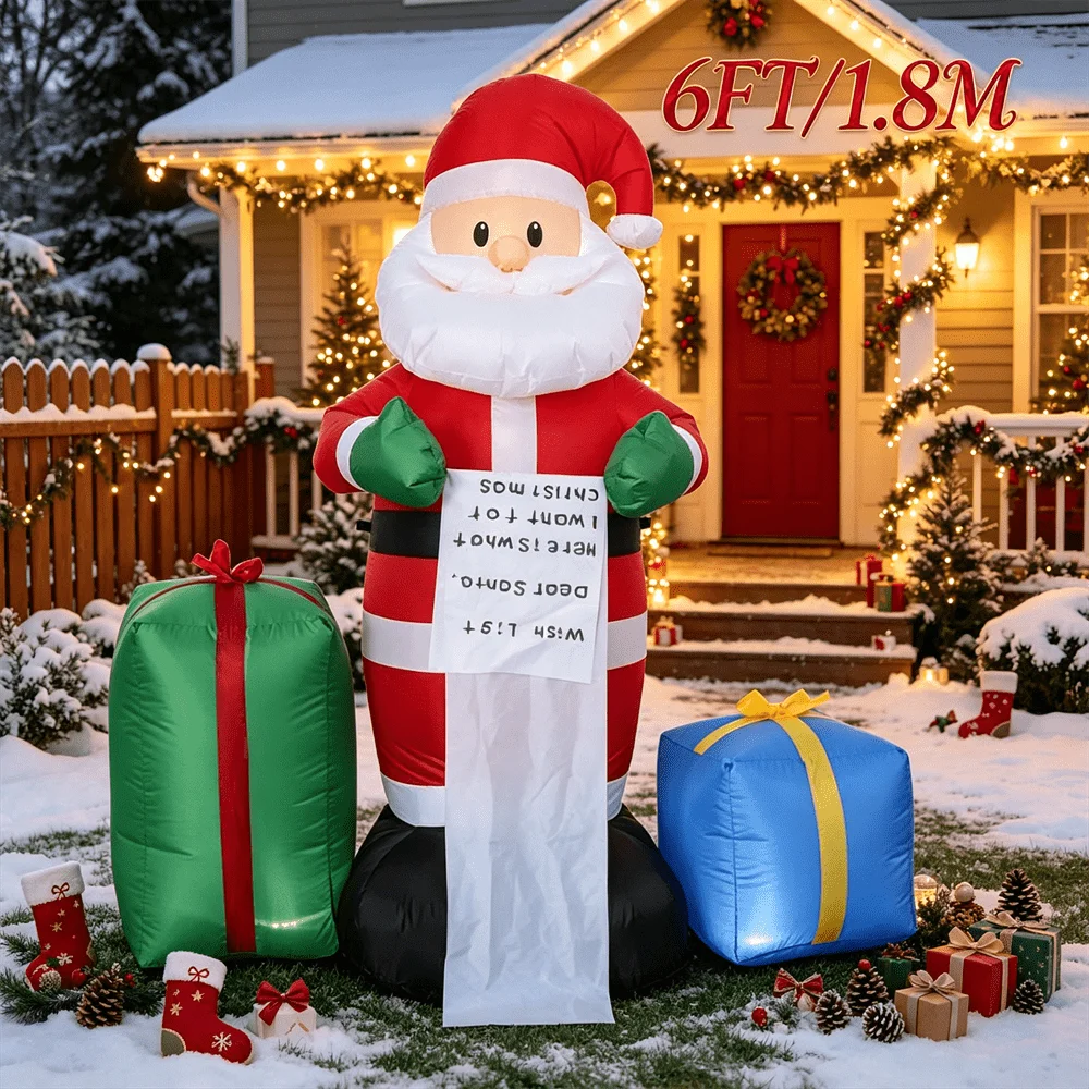 Père Noël Géant Gonflable 1,8 m avec Cadeaux