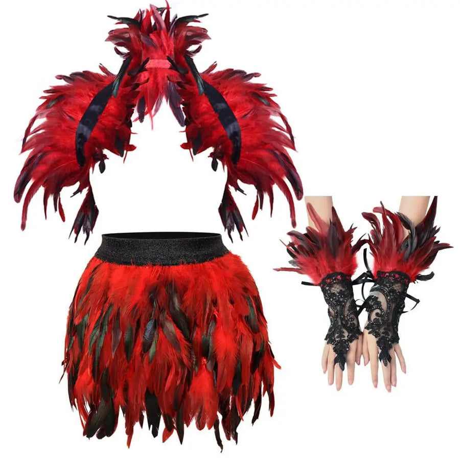 Ensemble Plumes 3 Pièces pour Femme — Châle, Robe et Gants