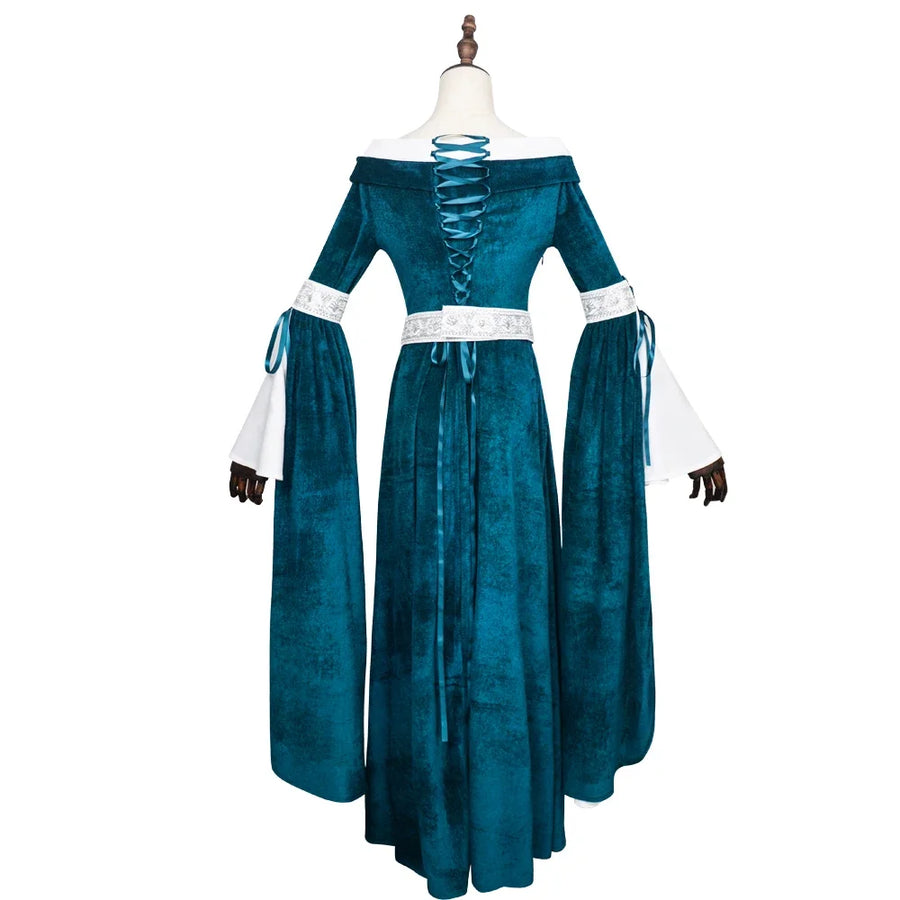 Robe d'Elfe Médiévale en Velours Bleu Canard – vue 2