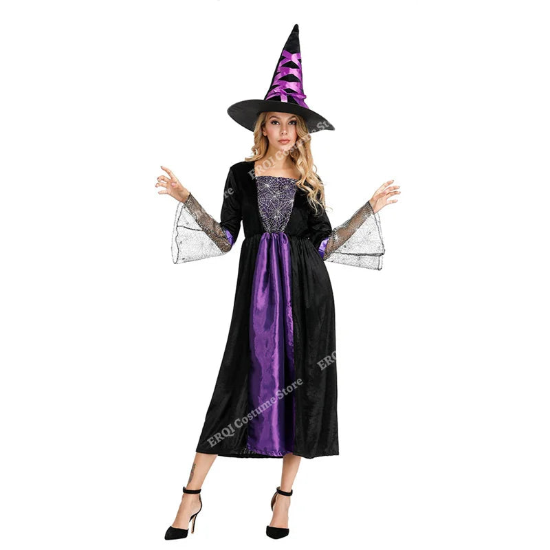 Robe de Sorcière Violette à Manches en Dentelle avec Chapeau