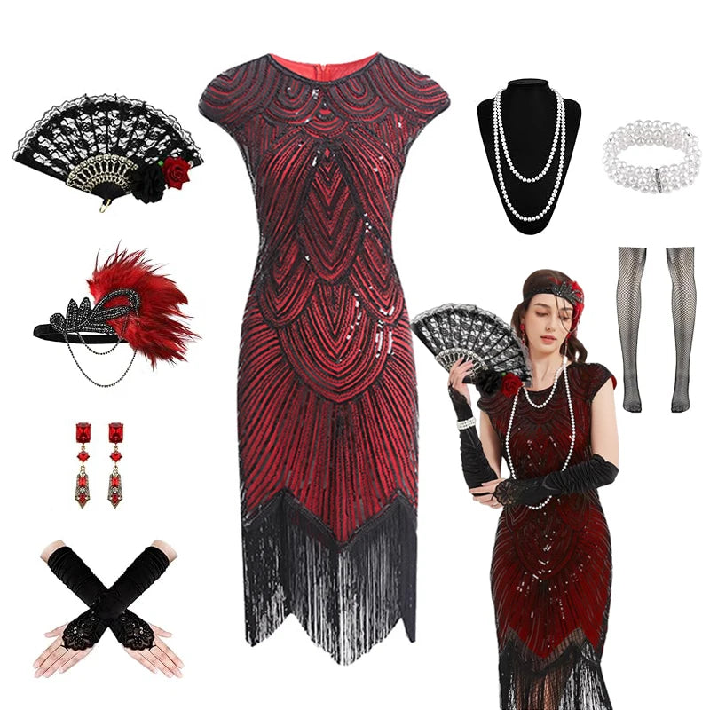 Robe Charleston Années 20 à Franges et Sequins avec Bandeau Plume