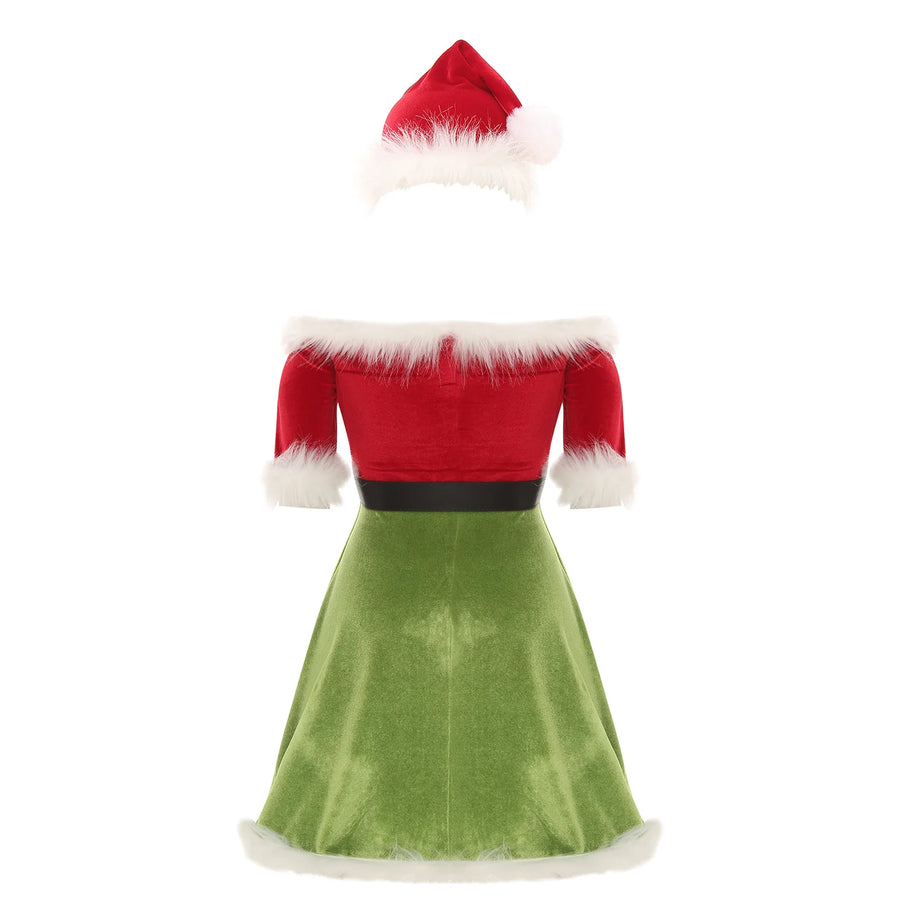 Robe Mère Noël Épaules Dénudées avec Ceinture – vue 5