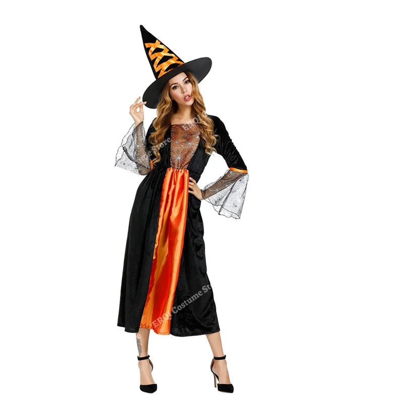 Robe de Sorcière Violette à Manches en Dentelle avec Chapeau