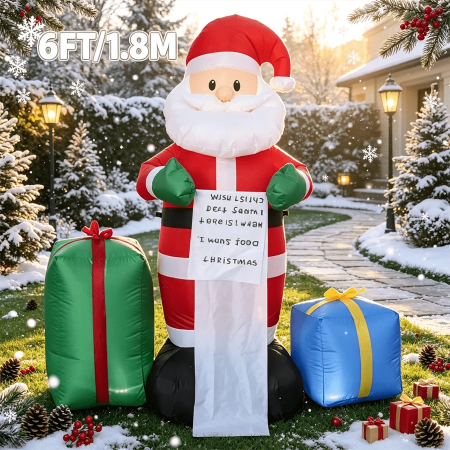 Père Noël Géant Gonflable 1,8 m avec Cadeaux