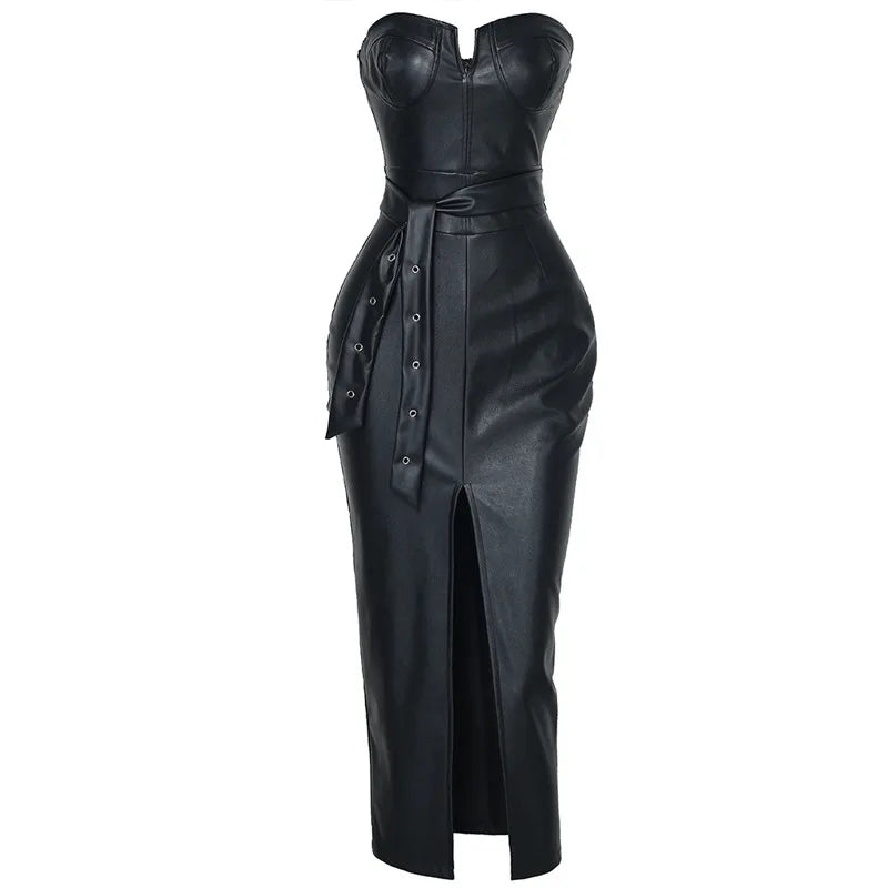 Robe Bustier Moulante en Simili-Cuir Fendue Sexy – vue 4