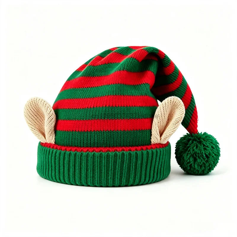 Bonnet de Lutin de Noël Tricoté avec Oreilles – 3 Coloris
