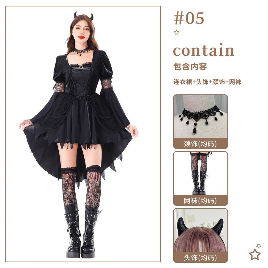 Déguisement Diablesse Gothique Noire à Cornes – Robe Manches Évasées – vue 8