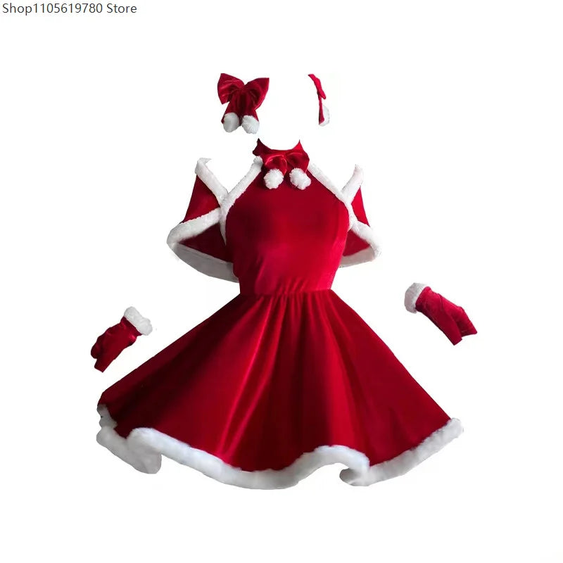 Robe Mère Noël Dos Nu en Velours avec Châle et Gants