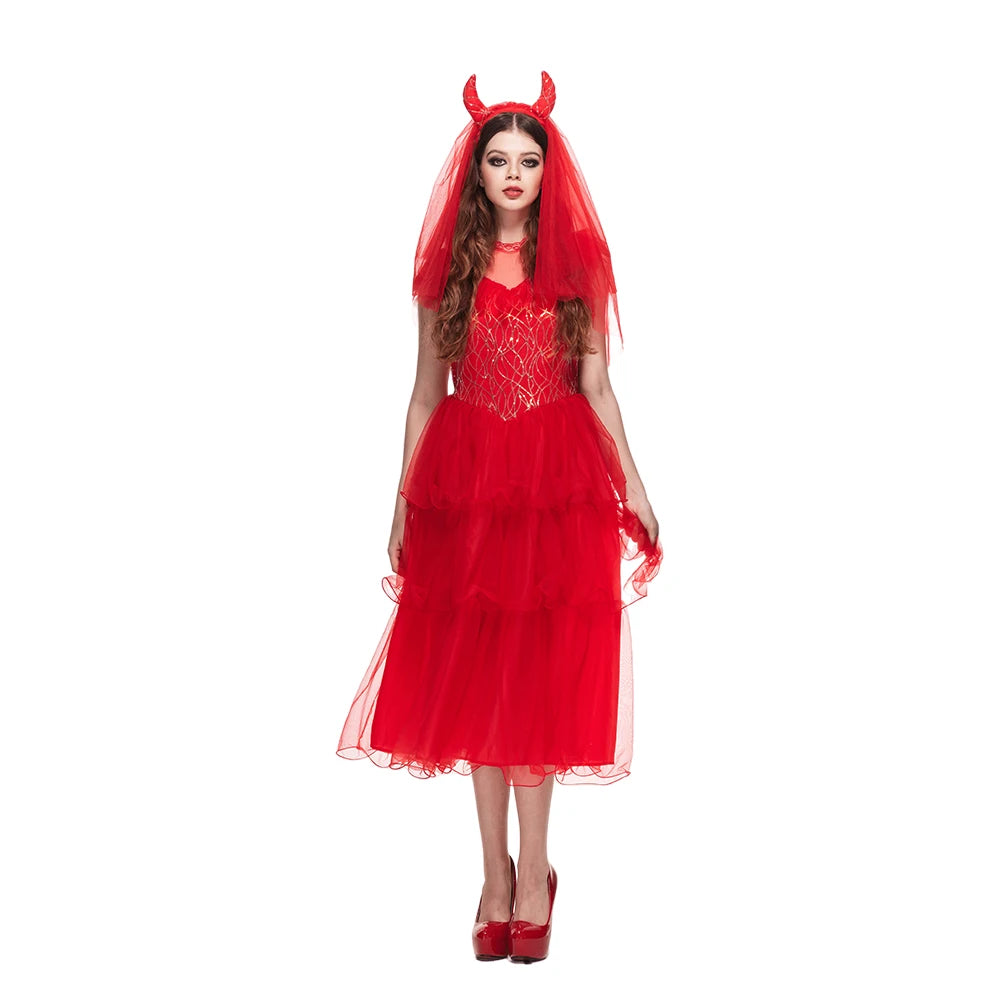 Déguisement Mariée Diablesse Rouge avec Voile à Cornes