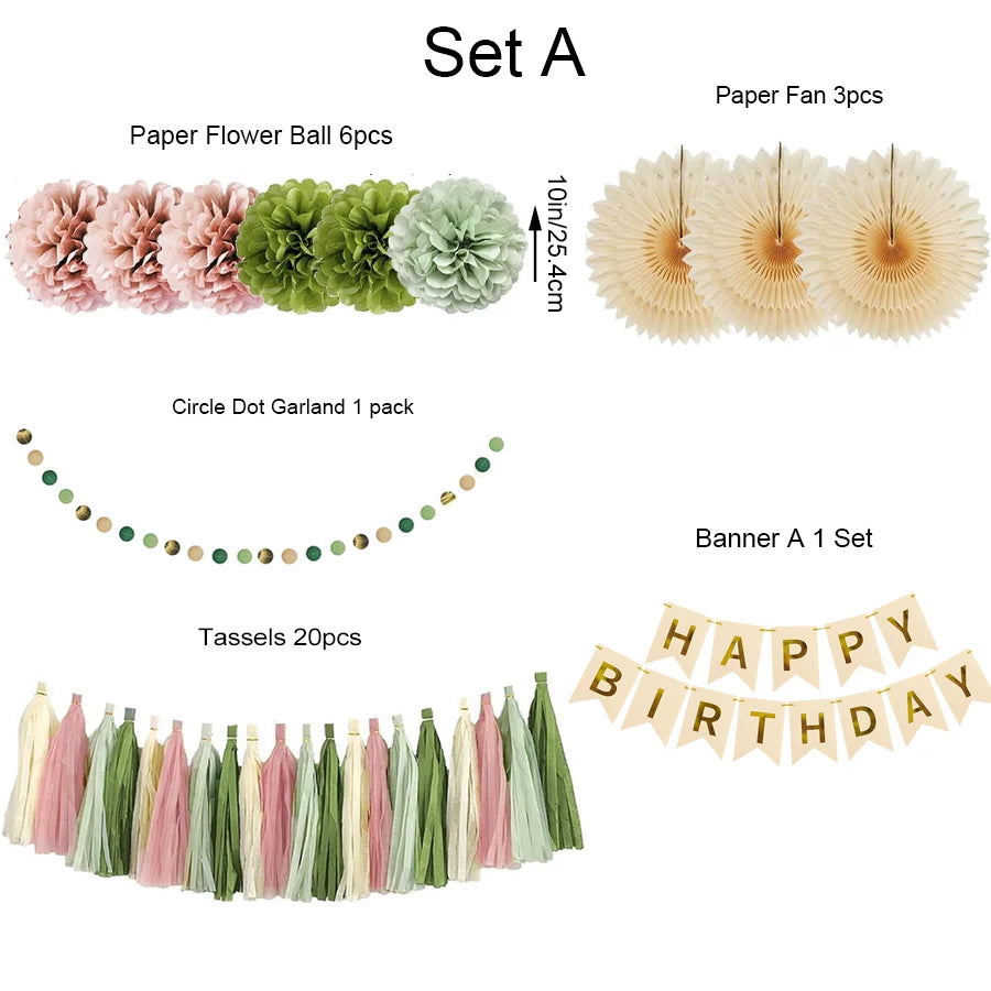 Pompons Éventails Papier Vert Olive et Rose Poudré Boho – vue 4