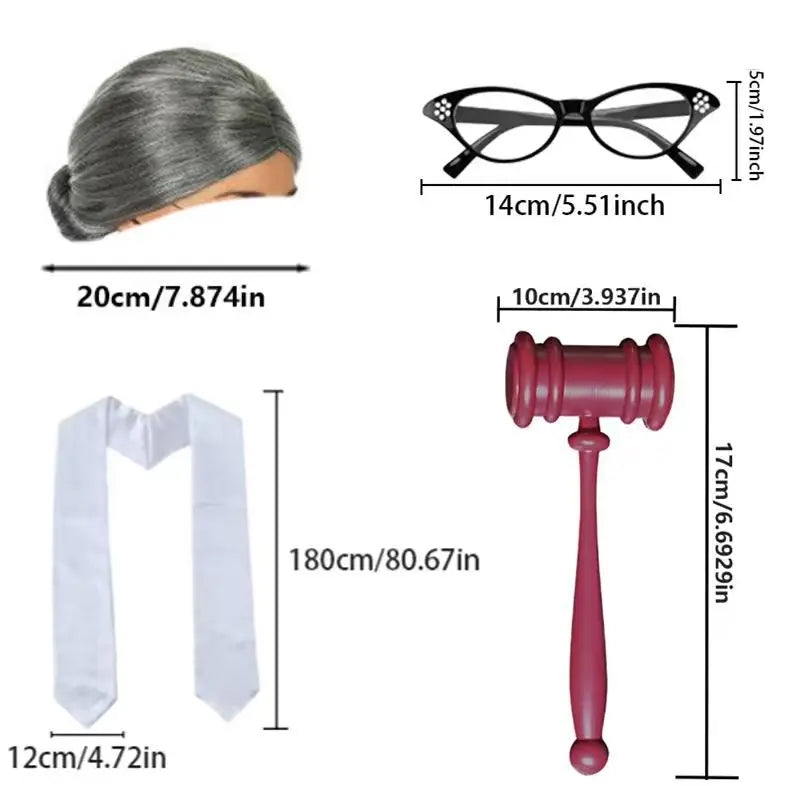 Kit Accessoires de Juge – Perruque, Marteau et Gants