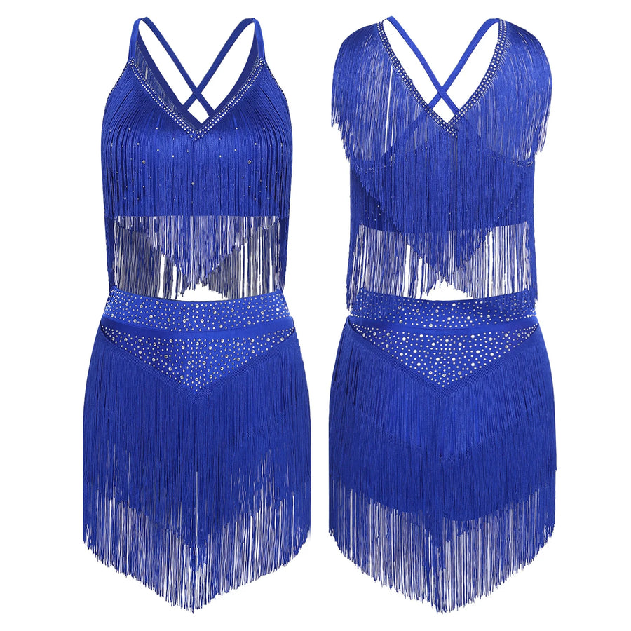Costume de Danse Samba Latine Femme - Haut à Franges et Jupe à Pompons – vue 11