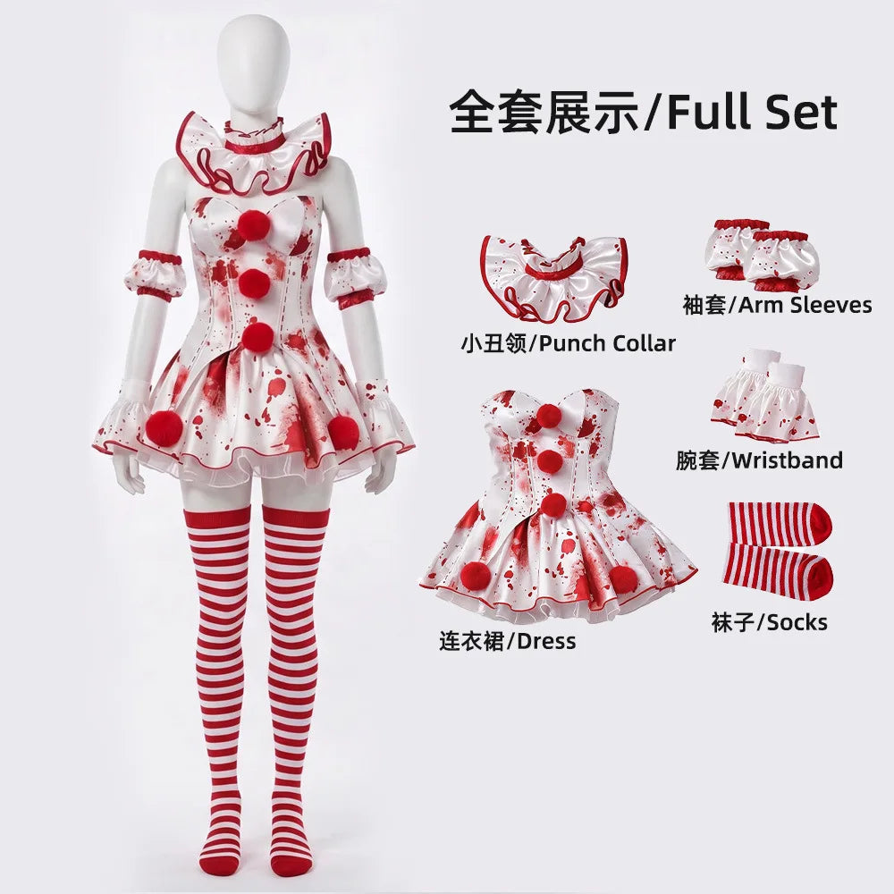 Déguisement Clown Sanglant Femme – Robe Rouge et Blanche avec Bas – vue 7