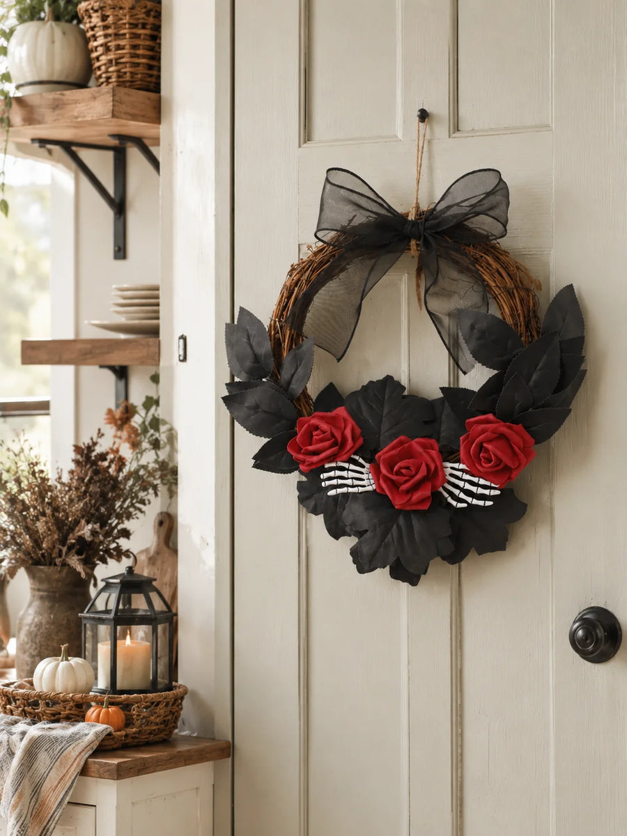 Couronne d'Halloween en Rotin - Crâne, Rose Rouge et Squelette